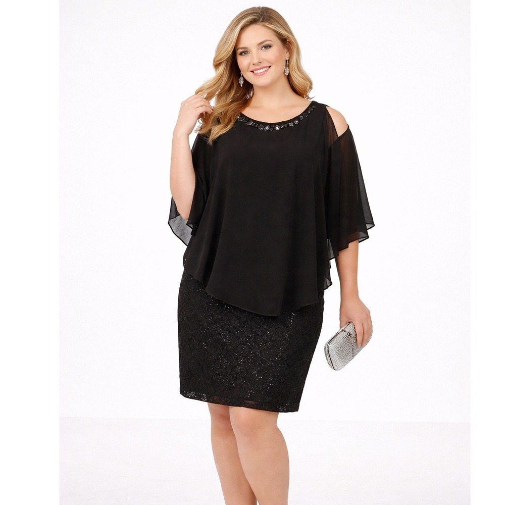 AGB Women Dress 16W Black Sparkle Sheath Sheer Overlay Cocktail Evening Occasion